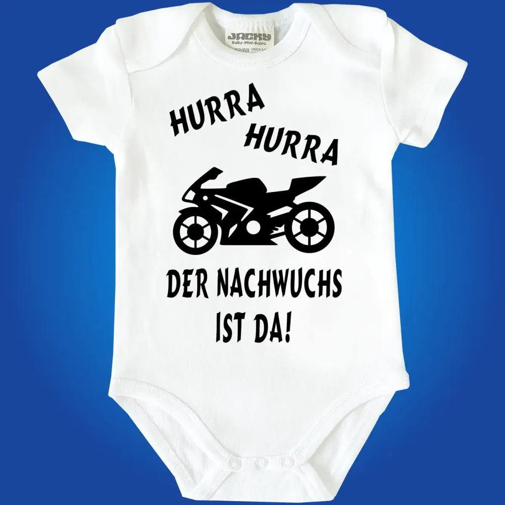 Baby‑Body mit Motorrad und Text „Hurra Hurra der Nachwuchs ist da“