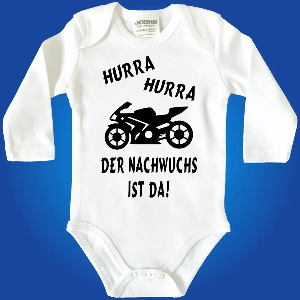 Baby‑Body mit Motorrad und Text „Hurra Hurra der Nachwuchs ist da“