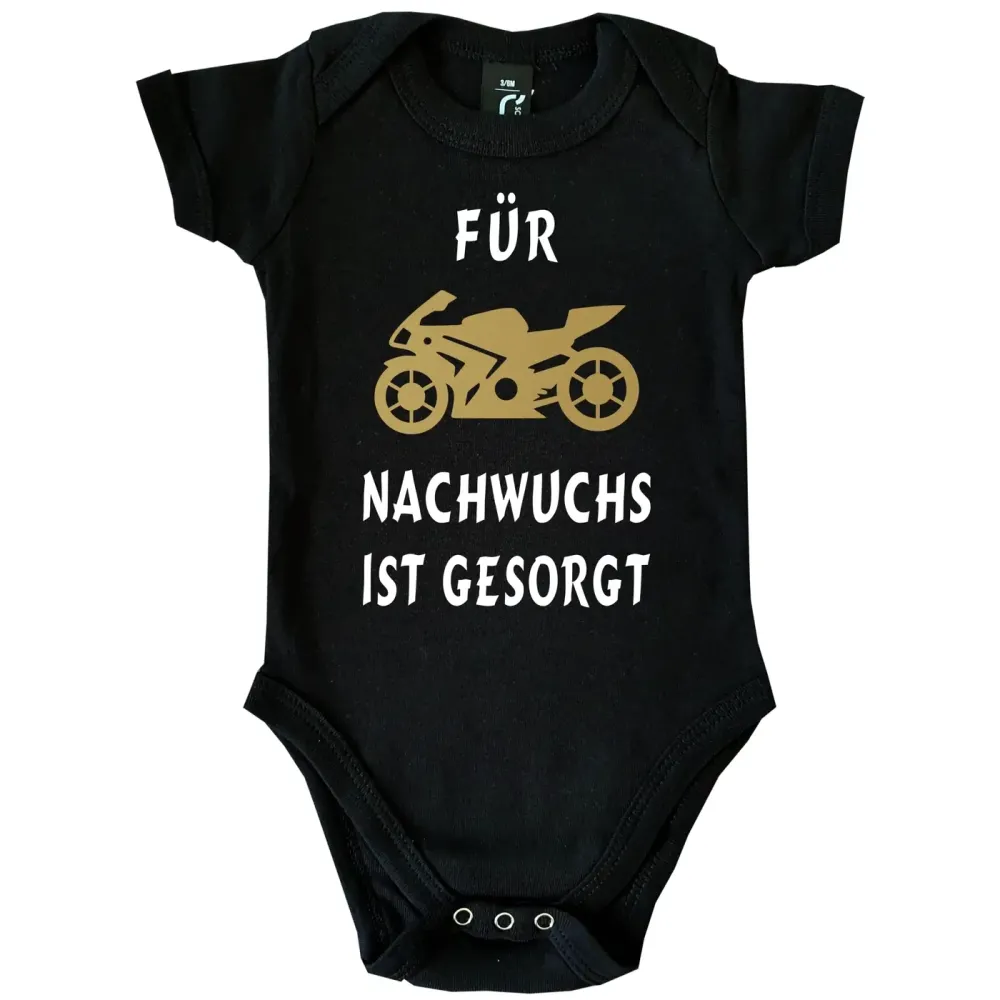 Baby‑Body mit Motorrad und Text „Hurra Hurra der Nachwuchs ist da“