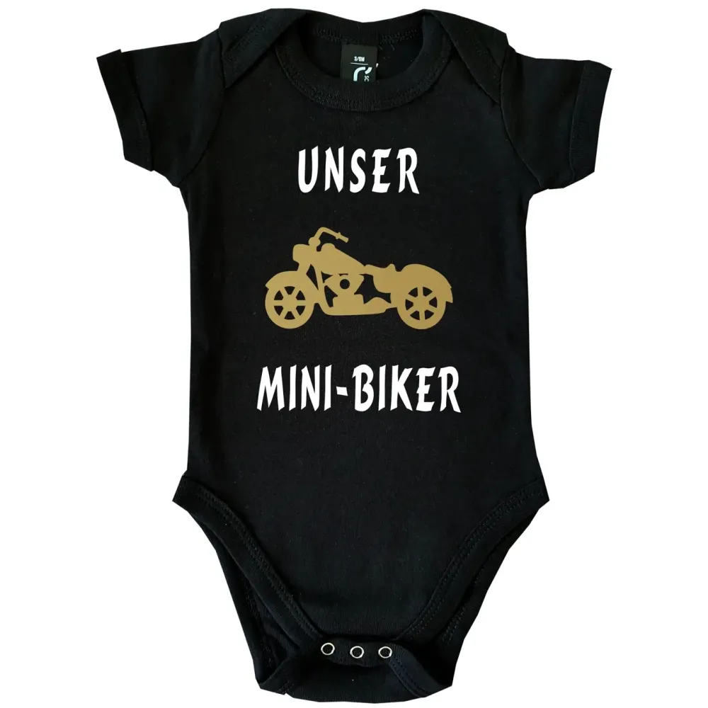 Preview: Babybody mit Spruch „Unsere Mini‑Bikerin“ und Motorrad