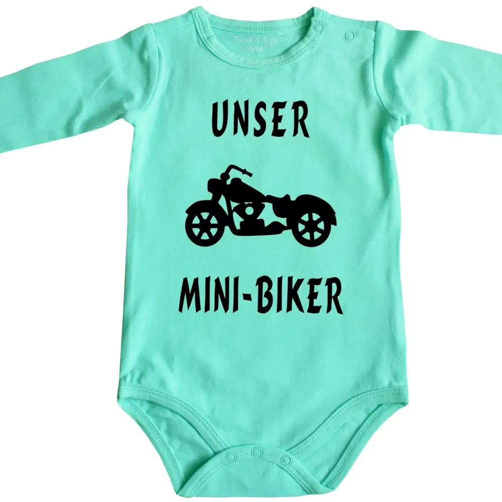 Preview: Babybody mit Spruch „Unsere Mini‑Bikerin“ und Motorrad
