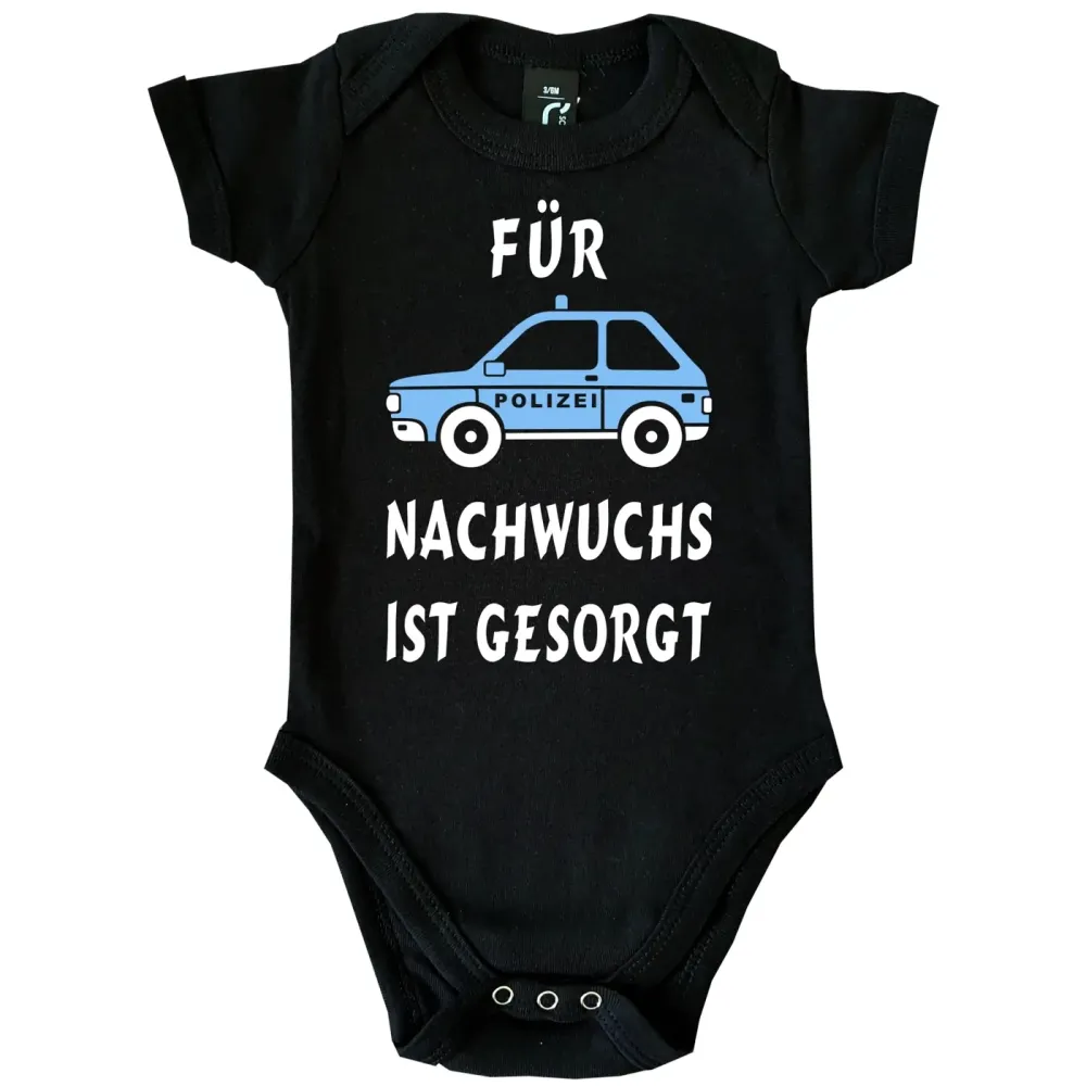 Baby‑Body mit Polizeiauto und Spruch „Für Nachwuchs ist gesorgt“