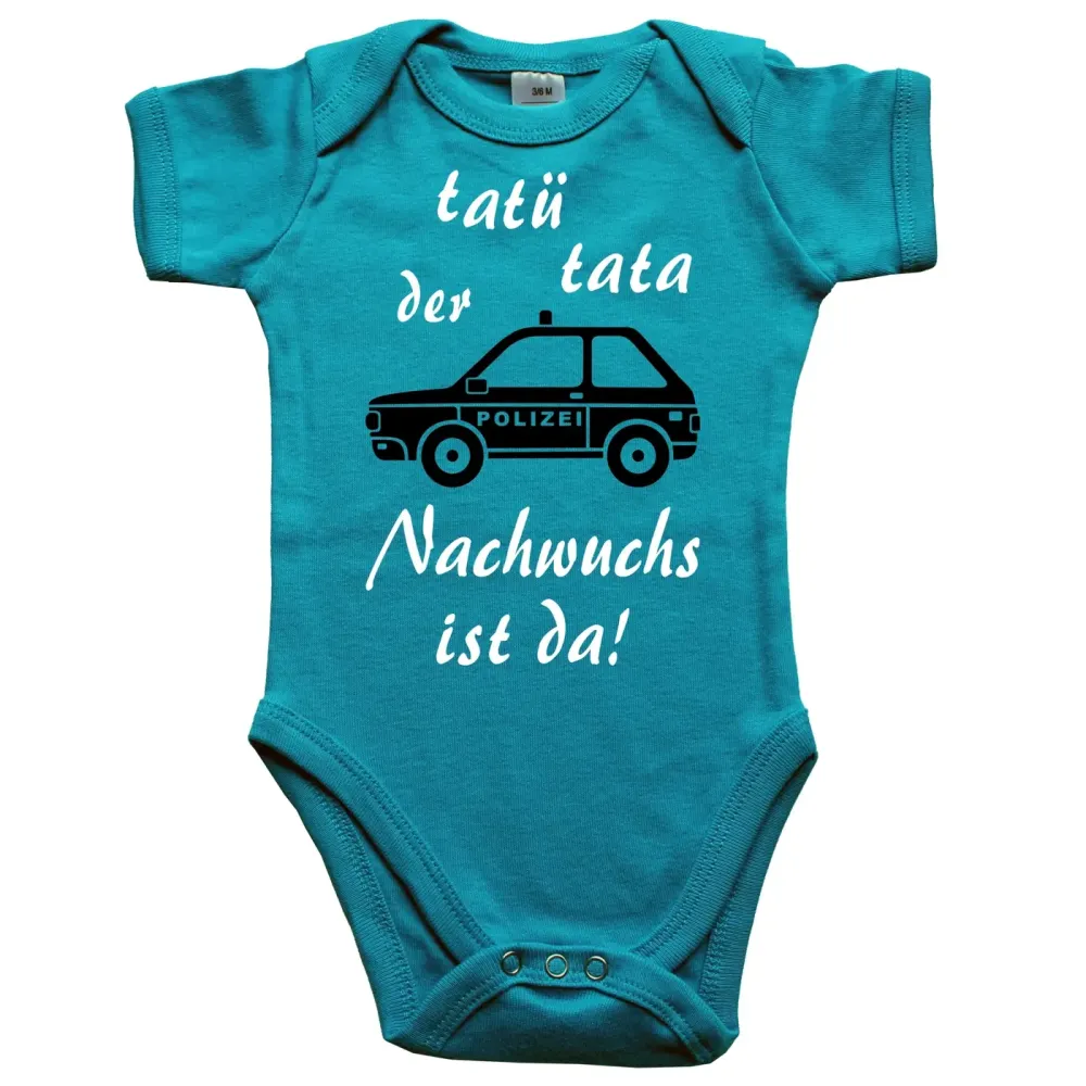 Preview: Baby‑Body mit blauem Polizeiauto und wählbarem Geburts‑Spruch