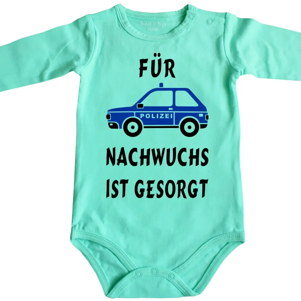 Preview: Baby‑Body mit Polizeiauto und Spruch „Für Nachwuchs ist gesorgt“