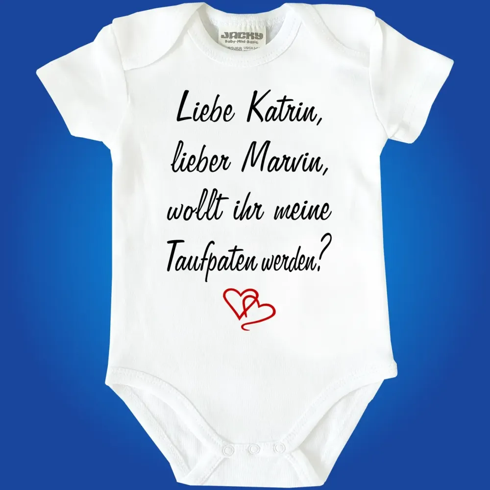 Baby‑Body mit Spruch „Wollt ihr meine Taufpaten werden?“