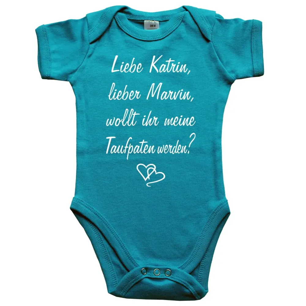 Personalisierter Babybody mit Name und Taufpaten‑Frage