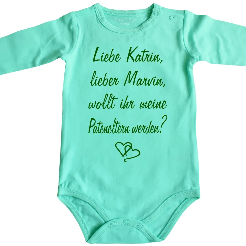 Personalisierter Babybody mit Name und Taufpaten‑Frage