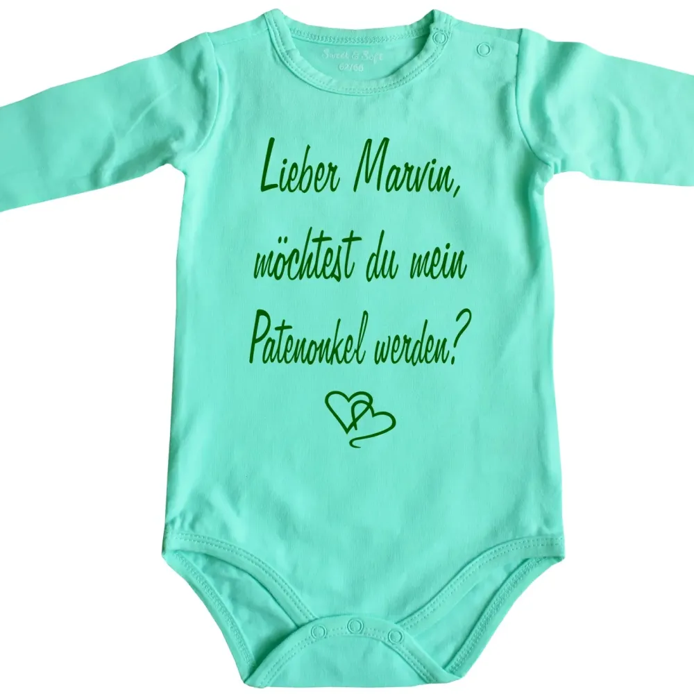 Babybody mit Frage an den Patenonkel