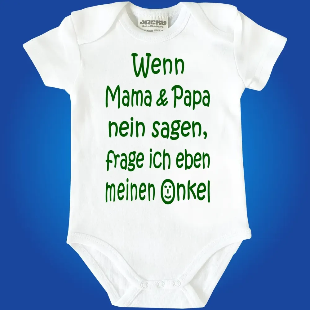 Bedruckter Babybody mit Fun‑Spruch über Mama und Papa