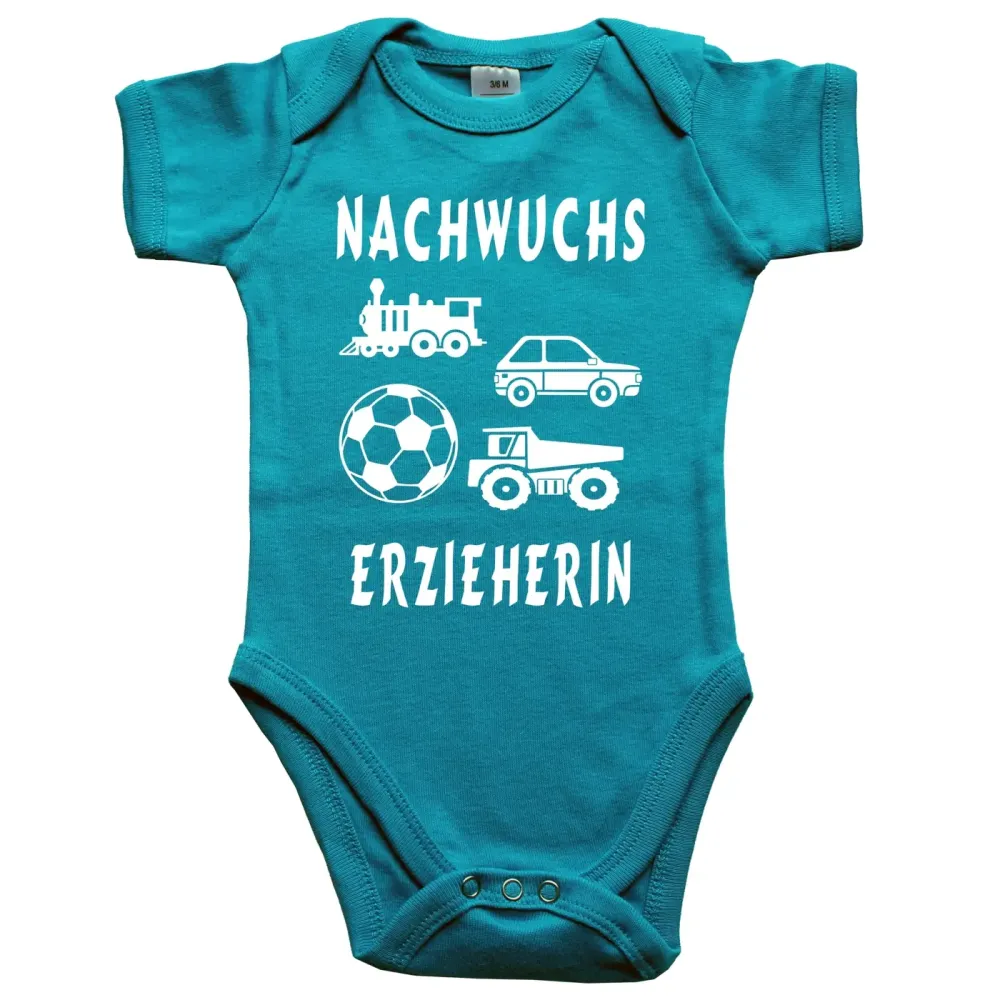 Baby-Body mit Kindergarten‑Motiv und vier kleinen Spielzeugen