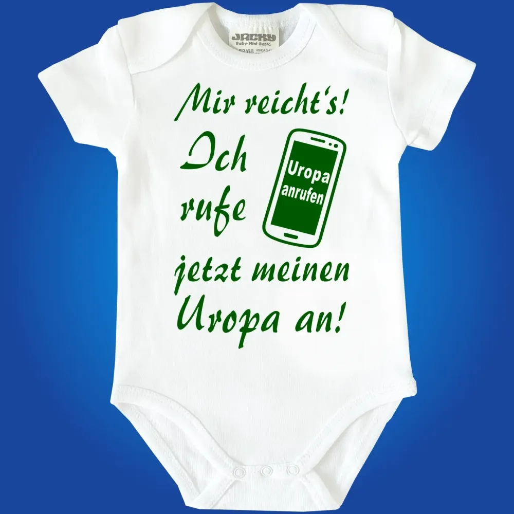 Bedruckter Babybody mit Fun‑Spruch „Ich rufe jetzt … an“