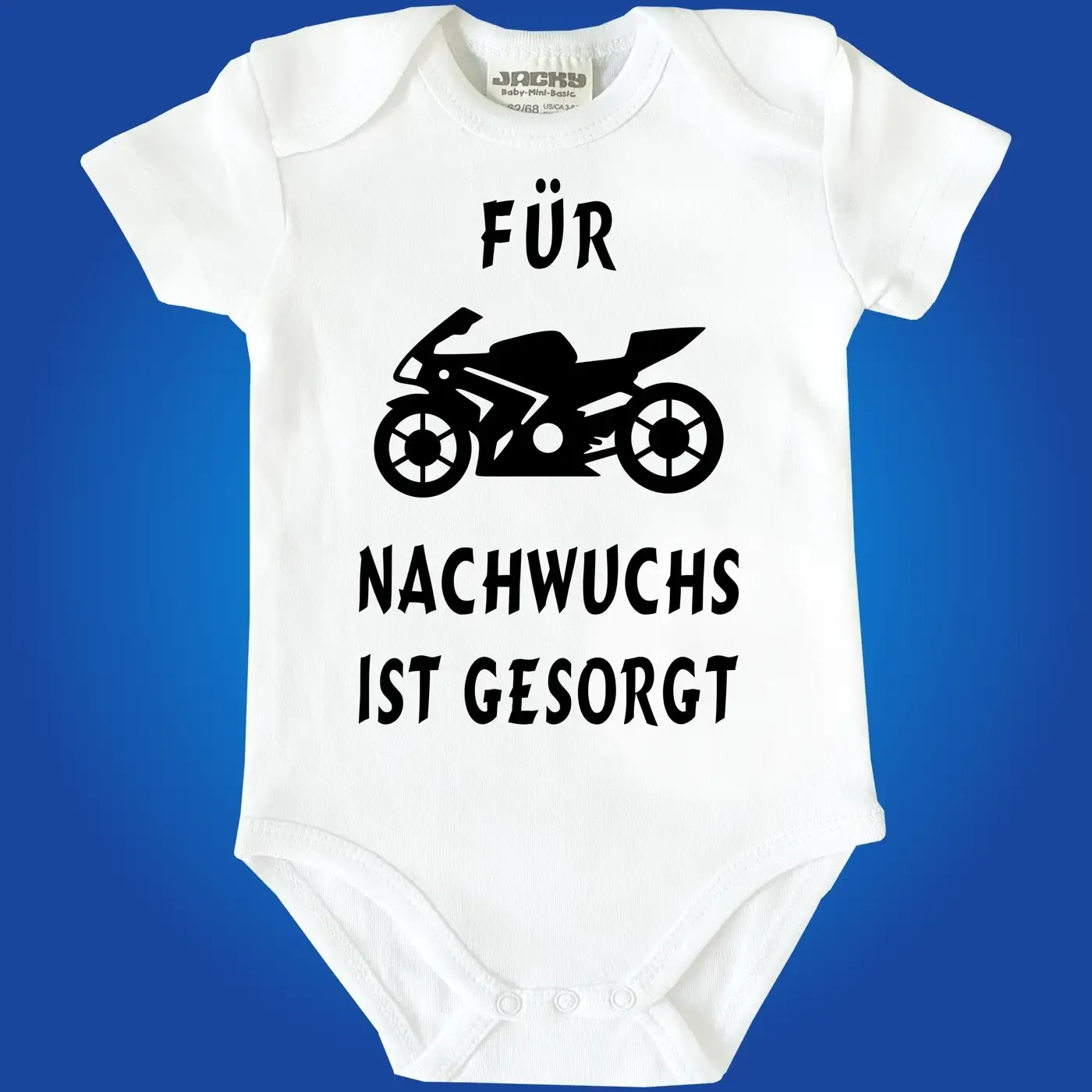 Baby‑Body mit Motorrad und Spruch „Für Nachwuchs ist gesorgt“
