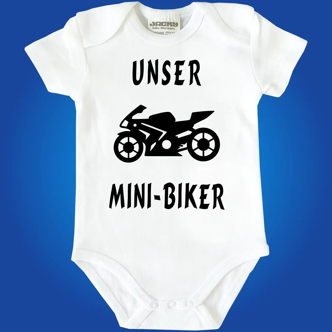 Babybody mit Spruch „Unsere Mini‑Bikerin“ und Motorrad