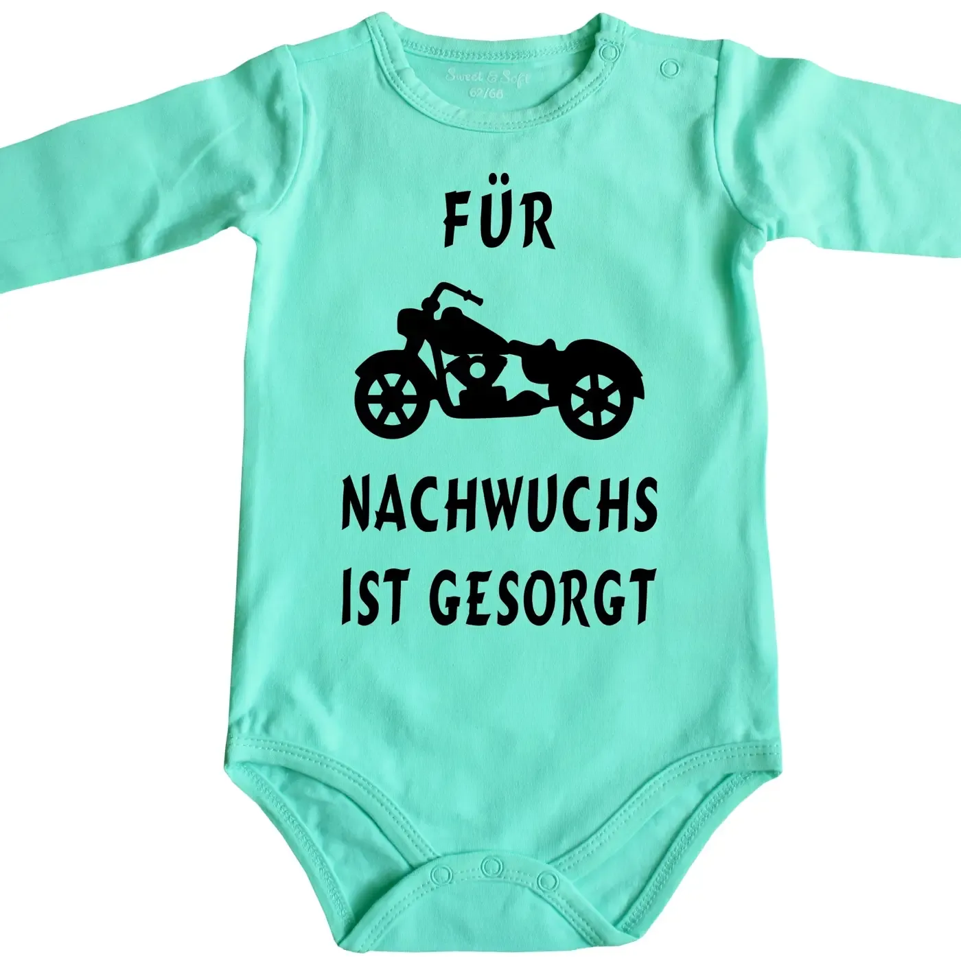 Baby‑Body mit Motorrad und Text „Hurra Hurra der Nachwuchs ist da“
