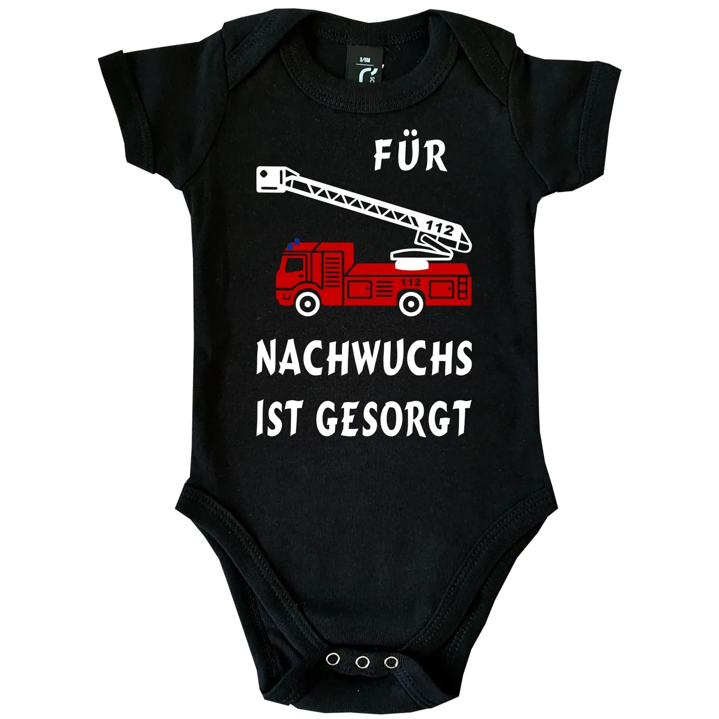 Baby‑Body mit Feuerwehrauto und Spruch „Für Nachwuchs ist gesorgt“