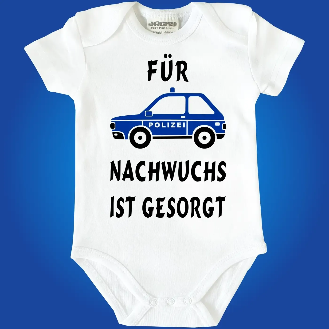 Baby‑Body mit Polizeiauto und Spruch „Für Nachwuchs ist gesorgt“