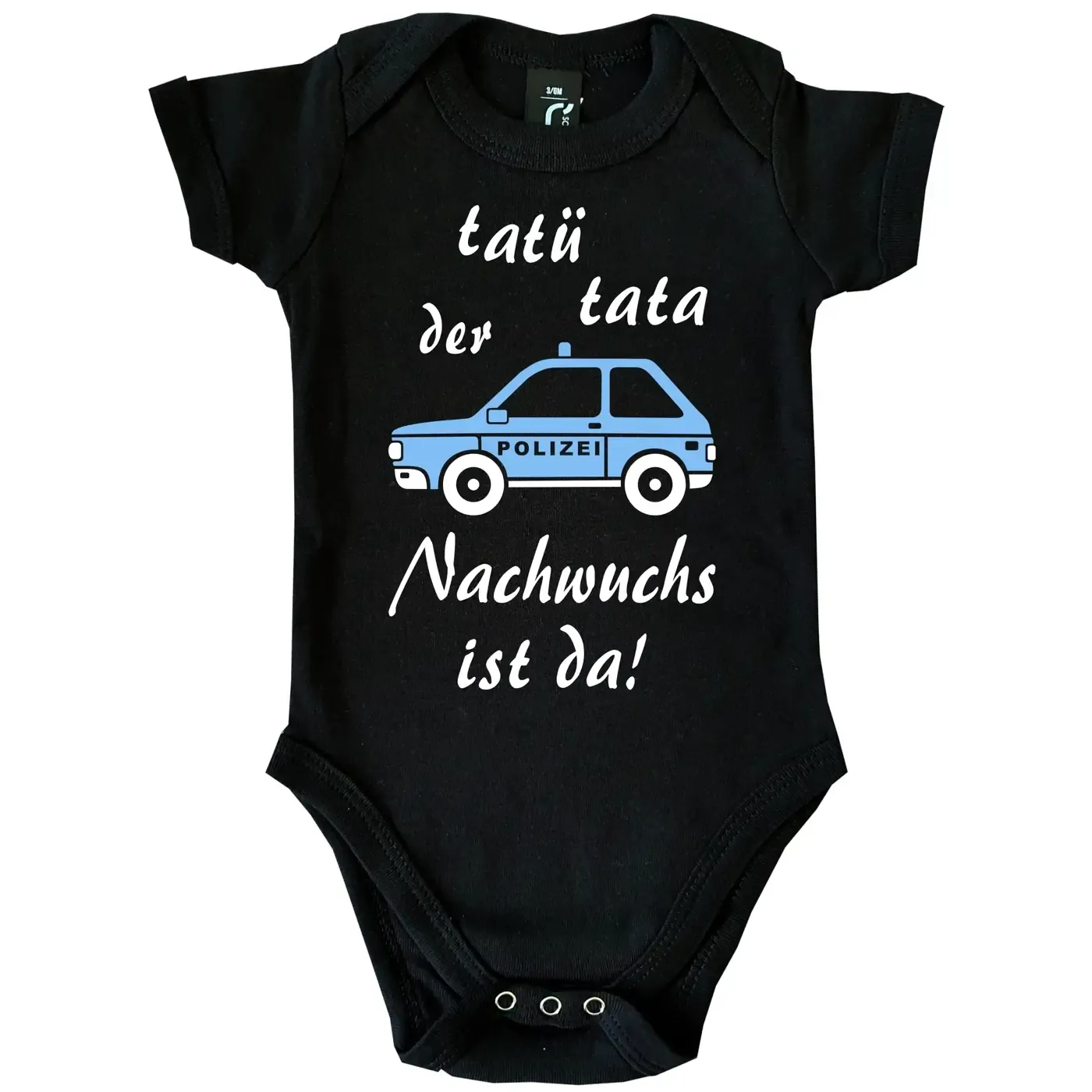 Baby‑Body mit Polizeiauto und Text „Tatü Tata – der Nachwuchs ist da“