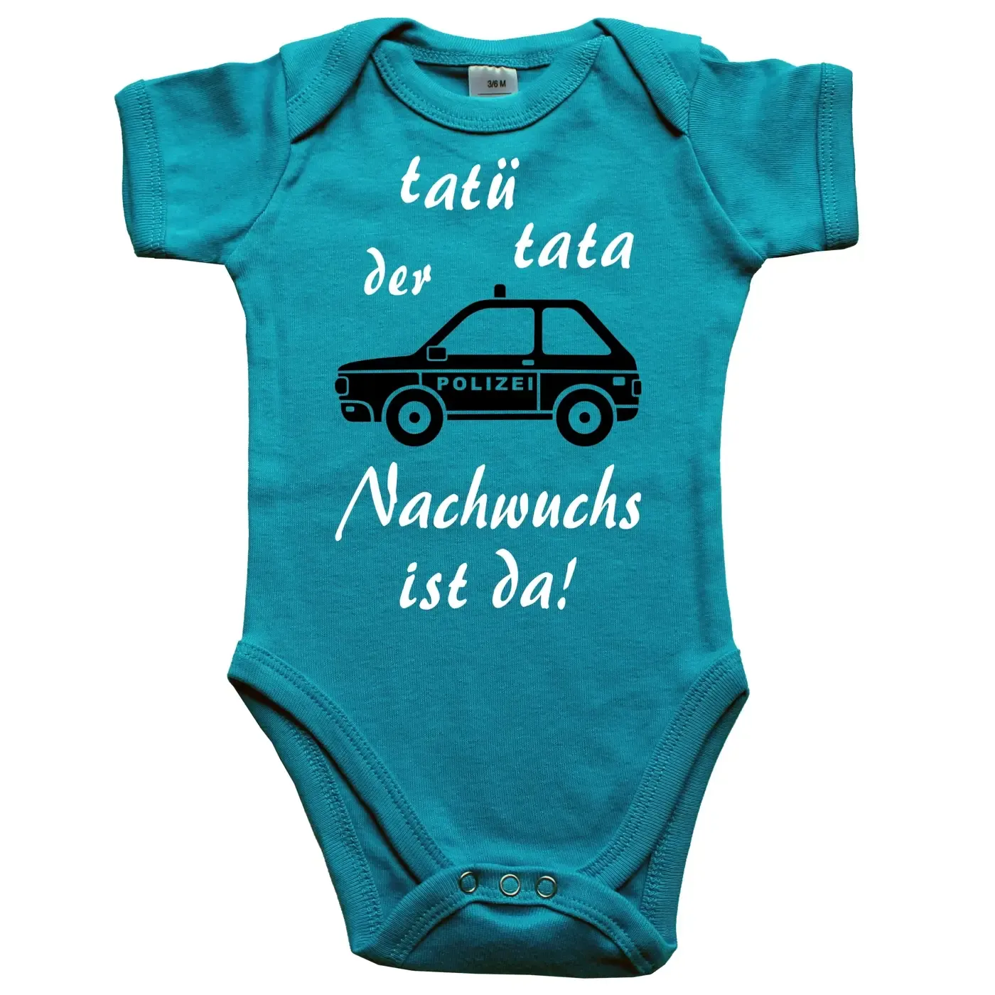 Baby‑Body mit blauem Polizeiauto und wählbarem Geburts‑Spruch