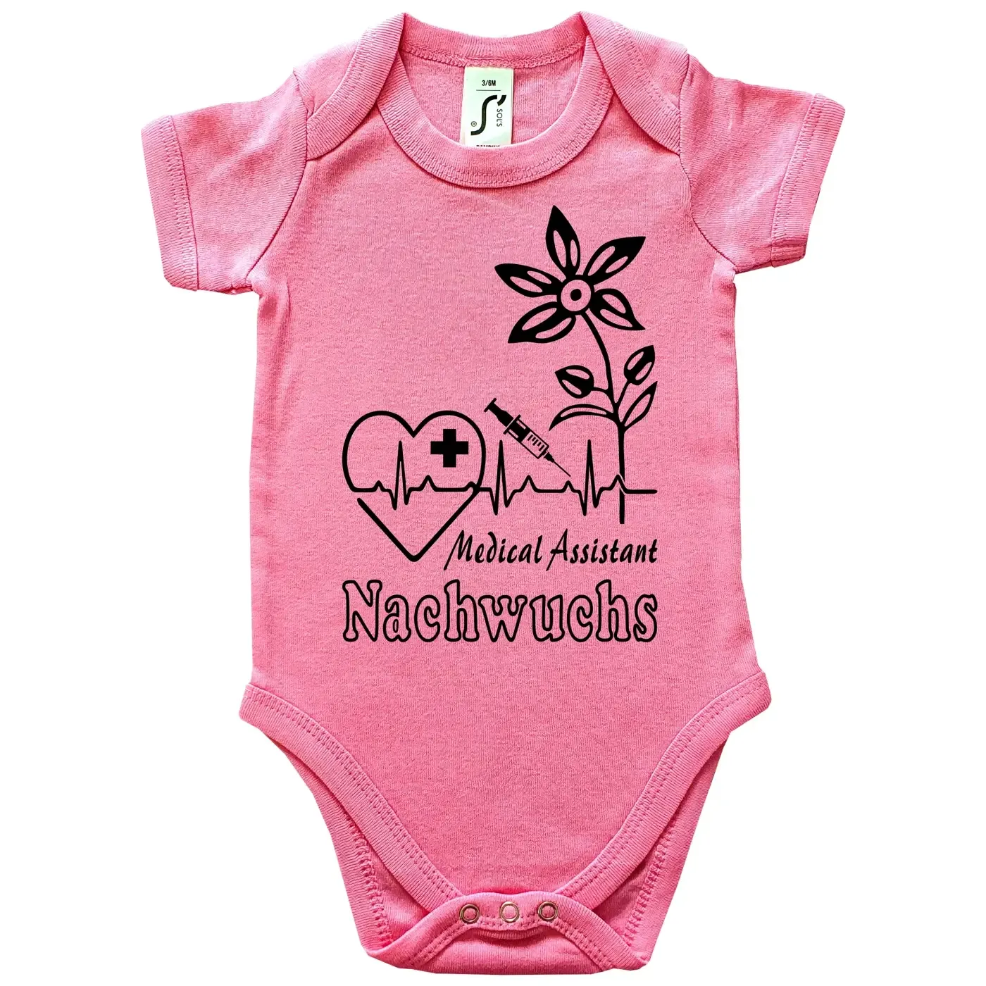 Baby-Body mit lustigem Pflegefachmann‑Motiv und medizinischen Symbolen