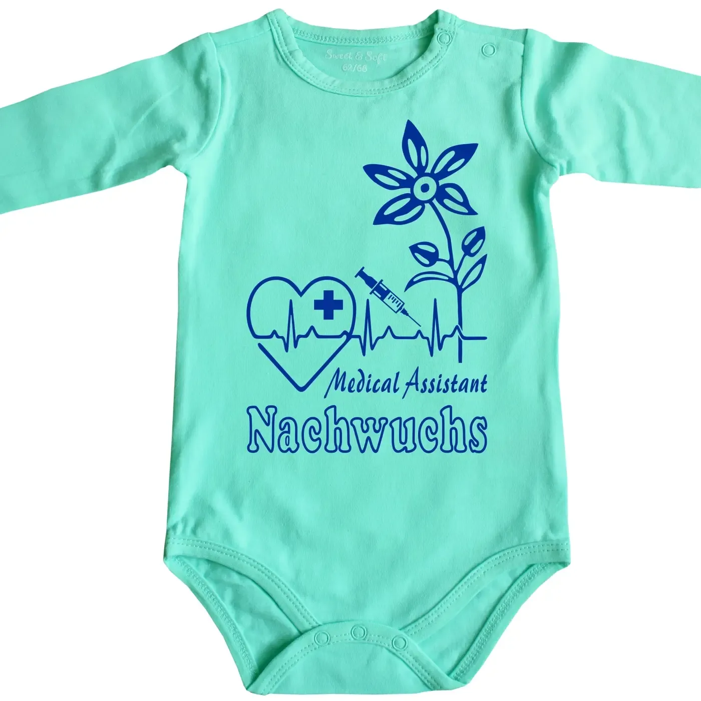Baby-Body mit lustigem Pflegefachmann‑Motiv und medizinischen Symbolen