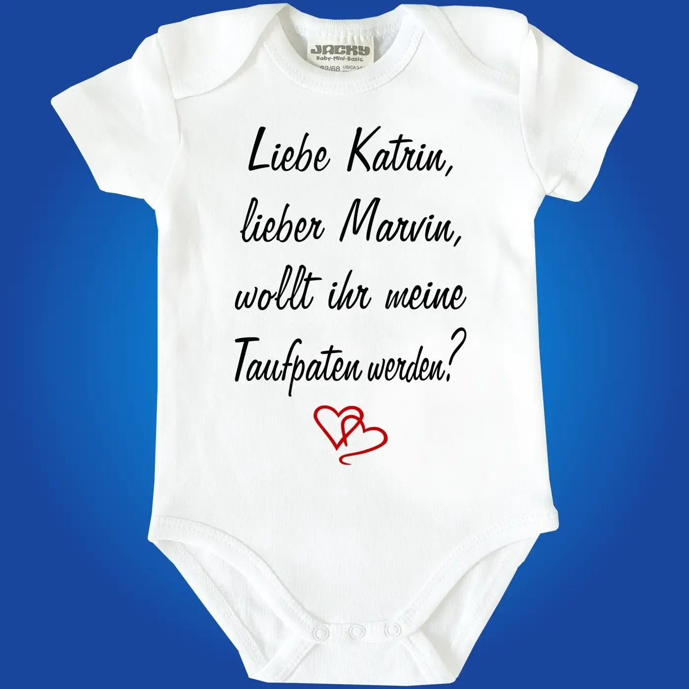 Baby‑Body mit Spruch „Wollt ihr meine Taufpaten werden?“