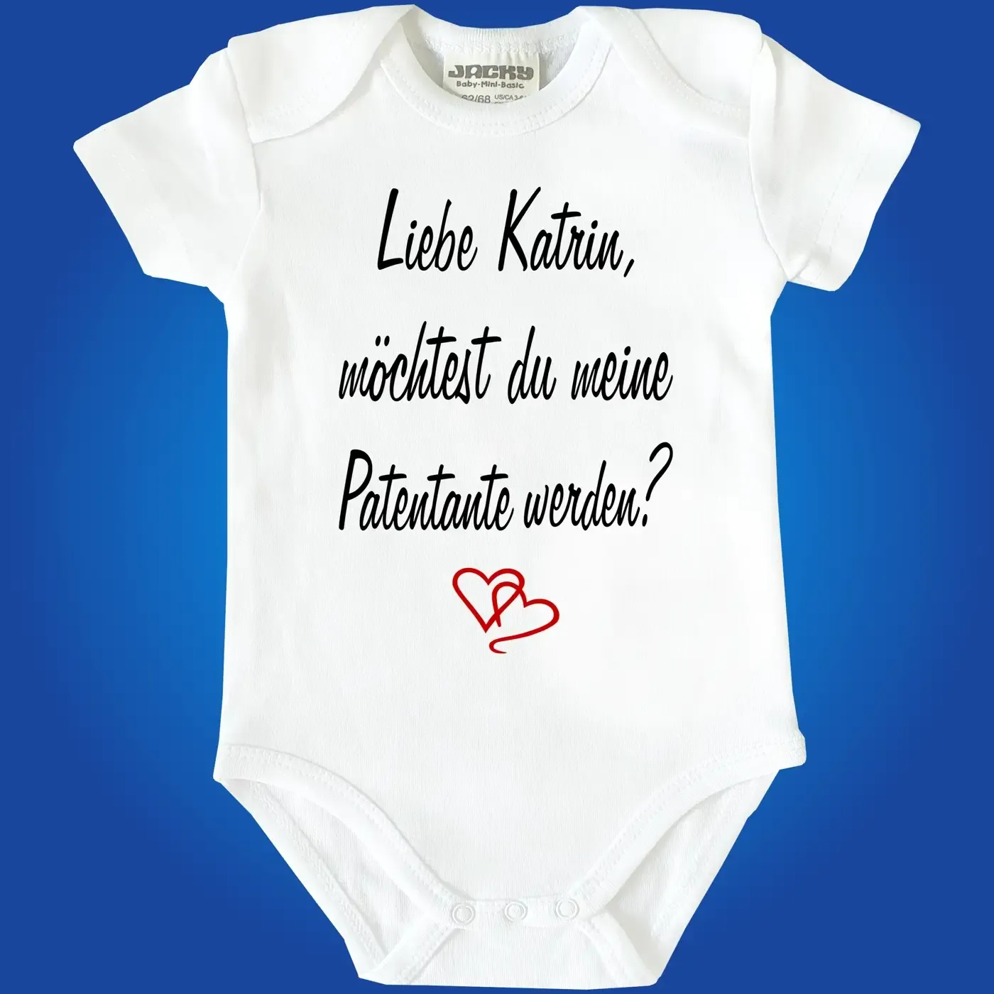 Babybody mit Frage an den Patenonkel