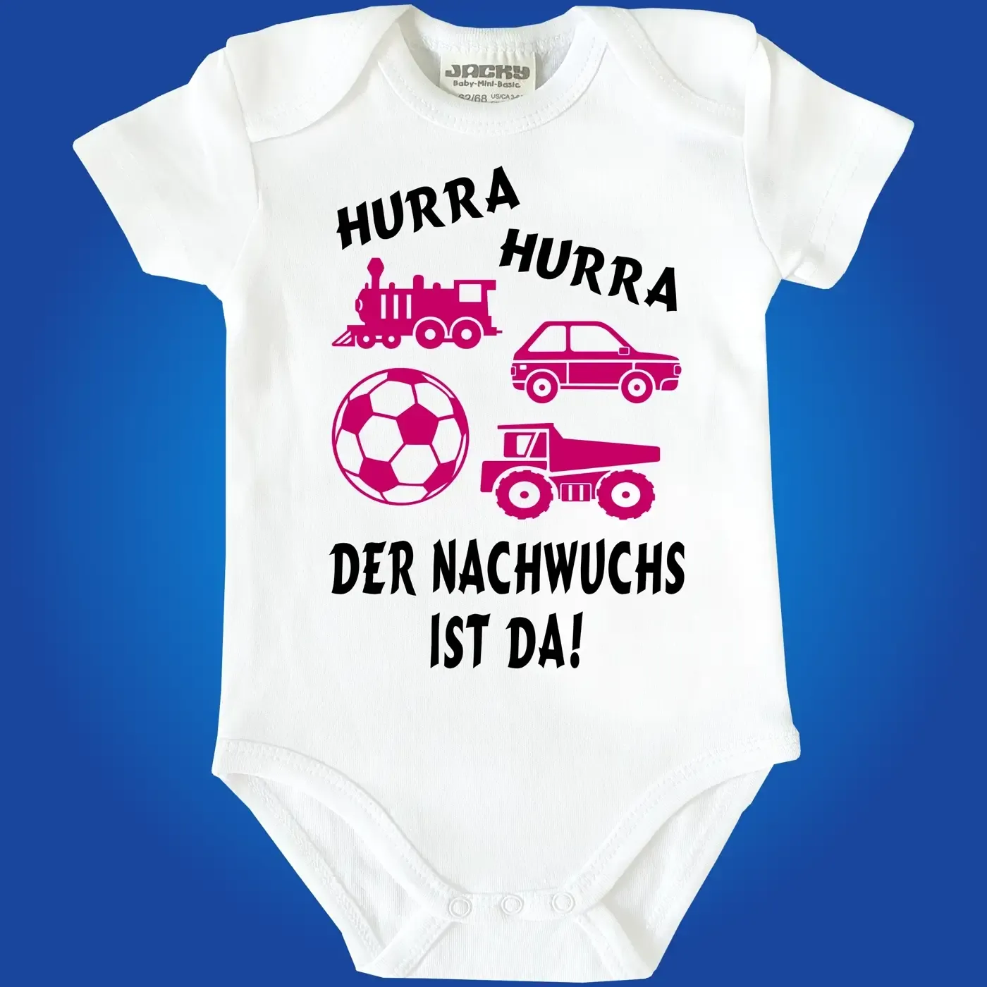 Baby-Body mit Kindergarten‑Motiv und vier kleinen Spielzeugen