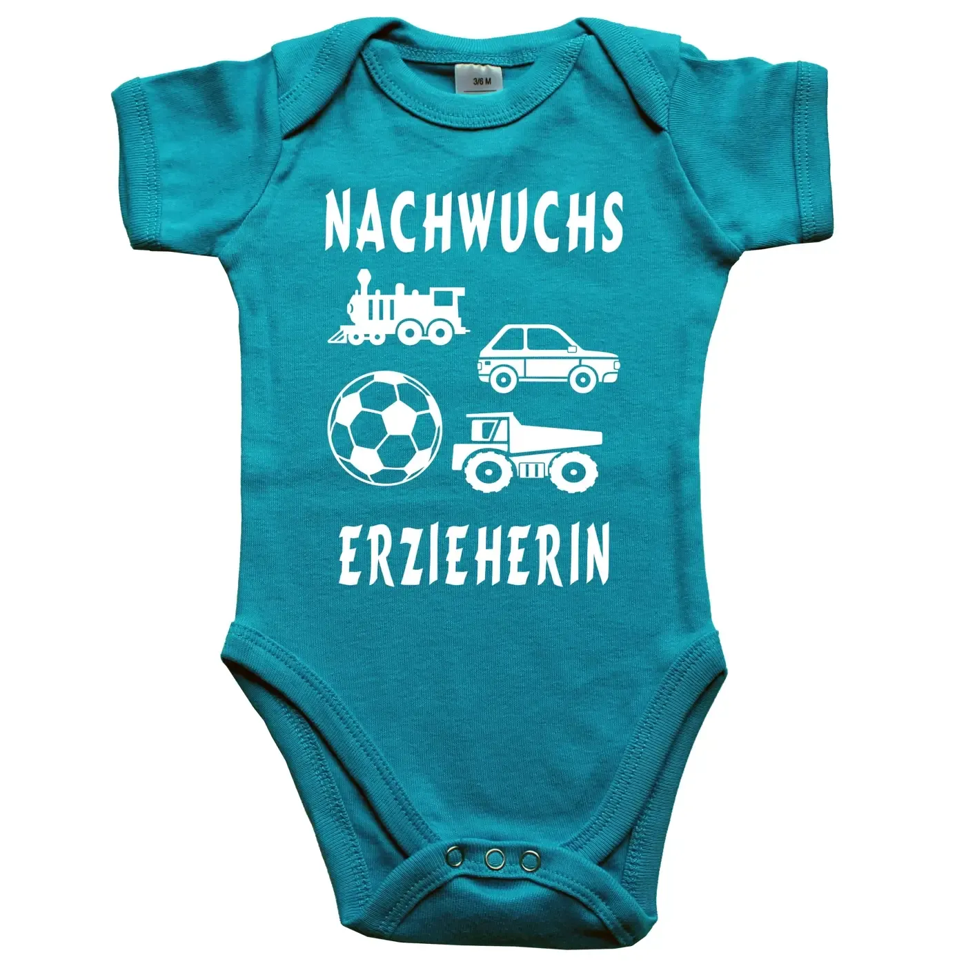 Baby-Body mit Kindergarten‑Motiv und vier kleinen Spielzeugen