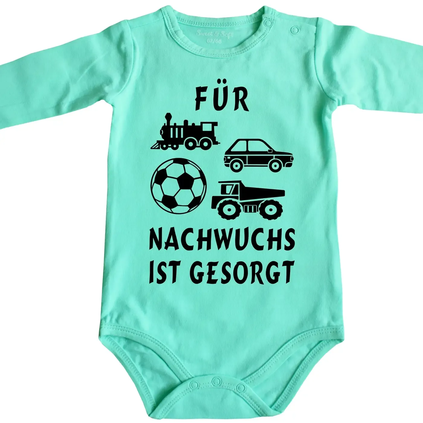 Baby-Body mit Kindergarten‑Motiv und vier kleinen Spielzeugen