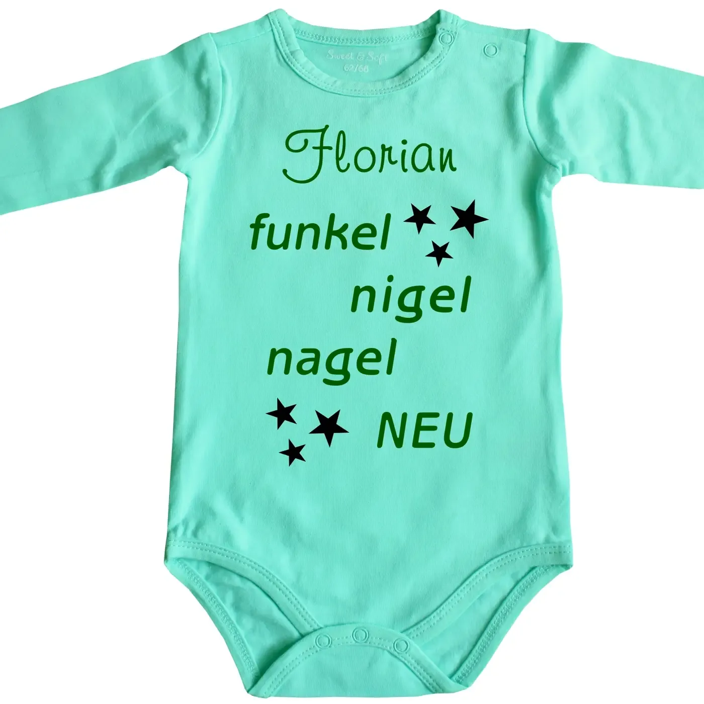 Baby‑Body mit Spruch „Funkel‑Nigelnagelneu“ und Wunschname