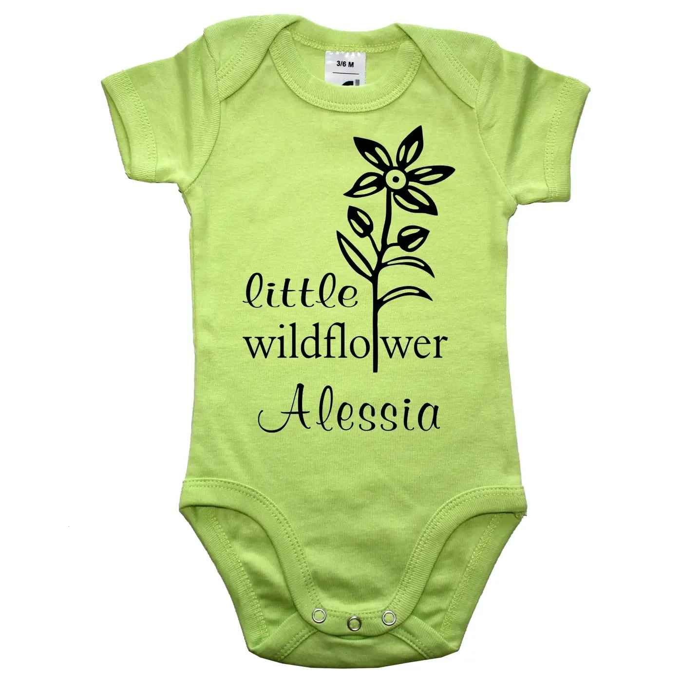 Baby‑Body mit Blume und personalisiertem Text